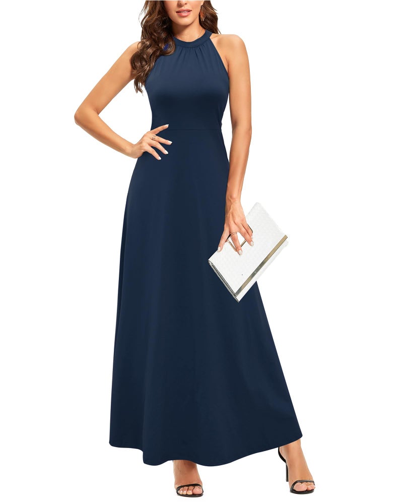 STYLEWORD Women's Summer Halter Neck Long Semi Formal Dress Sexy Sleeveless Cocktail Evening Party Wedding Guest Maxi Dresses(Navy,S) - Image 1